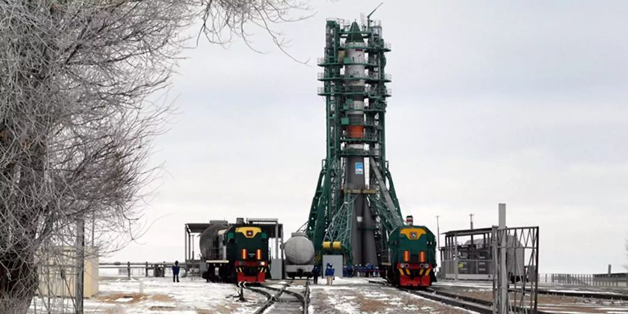 Installation of Soyuz rocket booster at the Baikonur cosmodrome in Kazakhstan