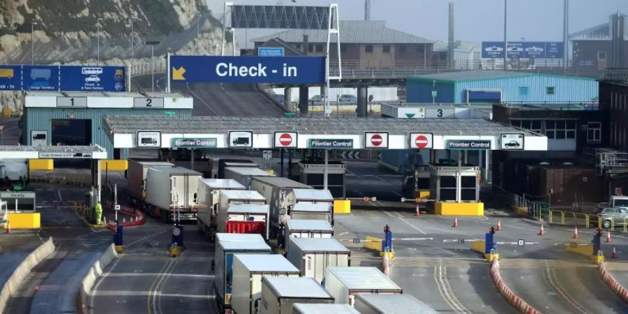 Lange Schlangen von Lastwagen vor dem Check-in am Hafen von Dover. Foto: Gareth Fuller/PA Wire/dpa
