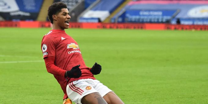 26.12.2020: Marcus Rashford von Manchester United feiert sein Tor zum 0:1. Verfolgerduell