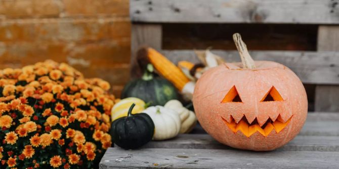 Ausgeschnitzer Halloweenkürbis auf Bank.