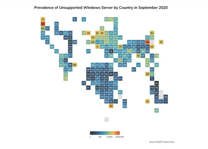 Die Grafik zeigt, wie viele Server mit veralteten Versionen von Windows Server in welchen Ländern laufen. Windows Server