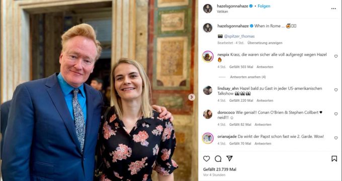 Hazel Brugger teilt Bilder mit Komikern aus dem Vatikan auf Instagram. Hier mit Conan O'Brien. Hazel Brugger Vatikan