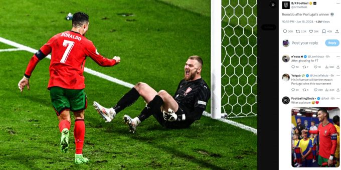 Ist dieses Verhalten unsportlich? So feierte Cristiano Ronaldo den Siegtreffer der Portugiesen an der EM 2024. Cristiano Ronaldo EM 2024