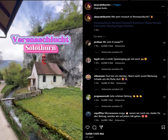 Das Problem des «Overtourism» soll an der Verenaschlucht vermieden werden. Influencer Fabian Egger