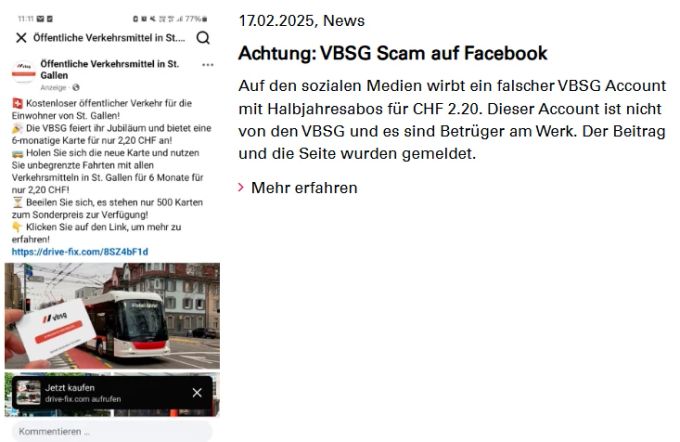 Die VBSG warnt vor Betrug. VBSG