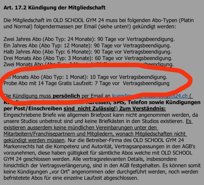 Ein Auszug aus den AGB der Fitness-Kette «Oldschool Gym 24». Oldschool Gym 24