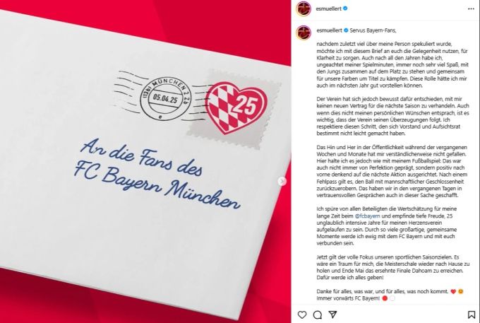 Thomas Müller schreibt den Fans von Bayern München einen Brief. Bayern München
