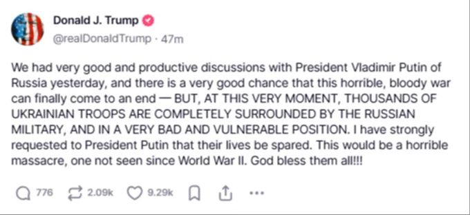 Der Post von Donald Trump auf Truth Social. Trump Post