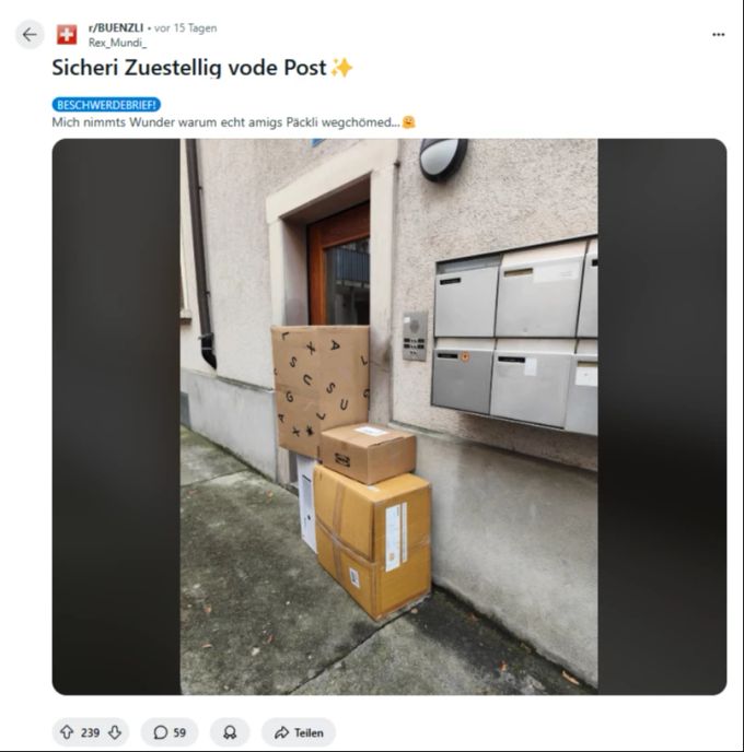 «Mich nimmt es Wunder, warum manchmal Päckli gestohlen werden», schreibt ein Mann ironisch zu diesem Foto. Päckli