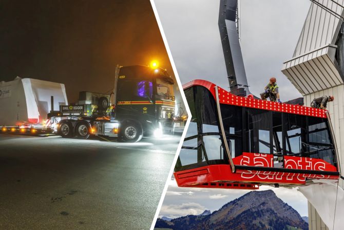 Am Montagabend wurden die Kabinen zur Schwägalp transportiert.