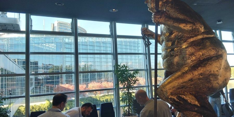 Die Statue «The Orange Plague» des dänischen Künstlers Jens Galschiøt, die einen nackten, vergoldeten Donald Trump zeigt, wird im Europaparlament ausgestellt. Foto: Marek Majewsky/...