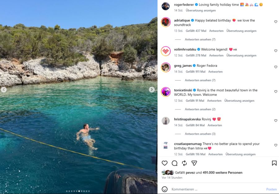 Ein Sprung ins kühle Nass darf auch bei Roger Federer nicht fehlen.