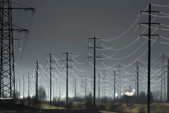 Hochspannungsleitungen leiten den Strom aus den Wasserkraftwerken der Alpen in das Flachland. Hochspannungsleitungen Wasserkraftwerke Flachland