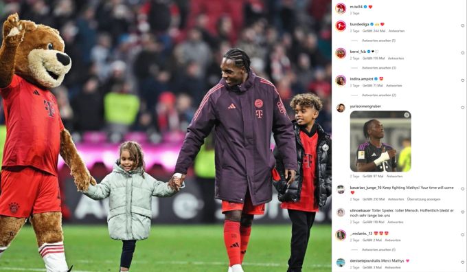 Mathys Tel postet nach einem Sieg von Bayern München – Indira Ampiot kommentiert ein Herzaugen-Emoji. Mathys Tel Bayern München