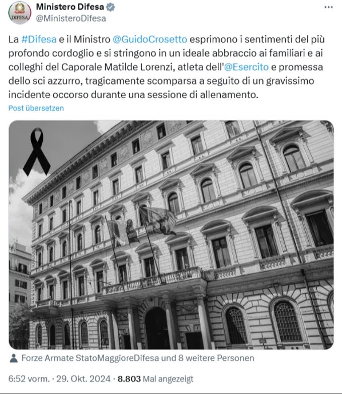Das italienische Verteidigungsministerium teilt die schreckliche Nachricht auf X mit. Italien
