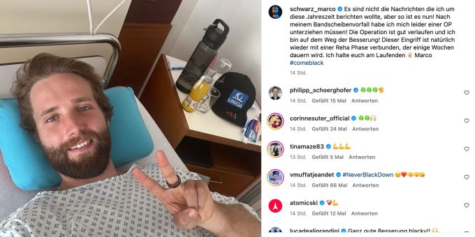 Marco Schwarz grüsst nach seinem Bandscheibenvorfall aus dem Spitalbett. schwarz