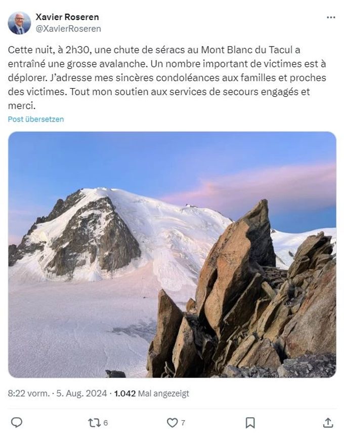 Der Stellvertreter für die Region Haute-Savoie, Xavier Roseren, postete auf X über den Lawinenabgang. Lawinenabgang am Mont Blanc