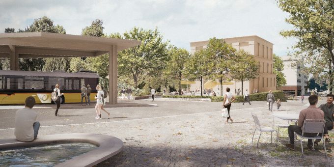 Die Neue Mitte rund um den Bahnhof wird ein lebendiger und multifunktionaler Ankunftsort für Rheinfelden. Visualisierung Neue Mitte