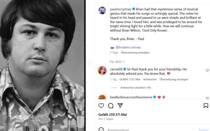 Paul McCartney würdigte Brian Wilson ebenfalls auf Instagram. brian wilson