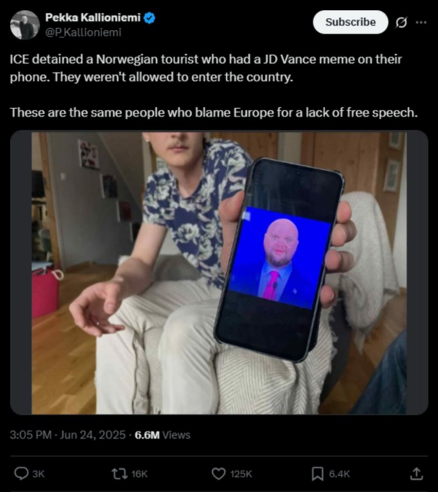 Er gab zuerst an, er sei wegen dieses Vance-Memes nicht reingelassen worden.