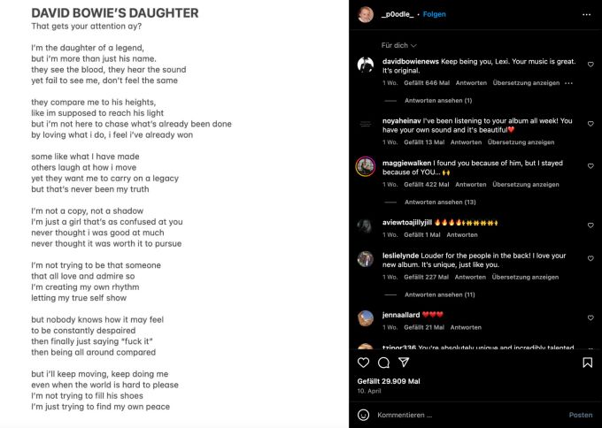 Lexi Jones bezog mit einem Gedicht auf Instagram Stellung zu den Vergleichen ihres berühmten Vaters, David Bowie. David Lexi Jones