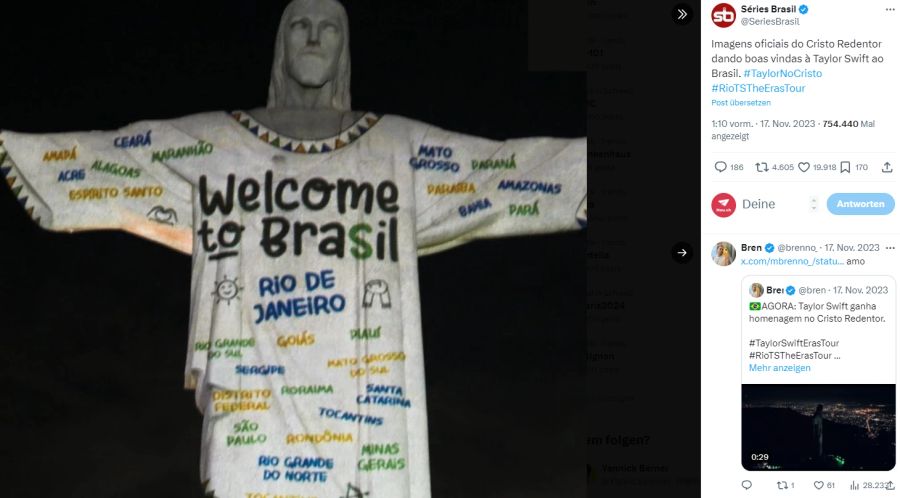 In Rio de Janeiro wurde Taylor Swift von der Christusstatue begrüsst.