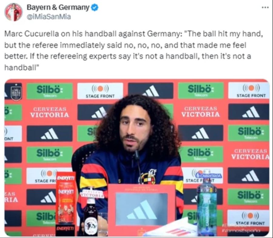 «Wenn die Schiedsrichter sagen, dass es kein Handspiel war, respektiere ich das», sagt Marc Cucurella zur Deutschen Penalty-Wut.