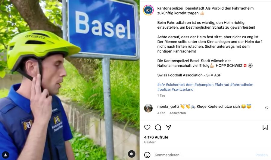 Die Kantonspolizei Basel-Stadt gibt auf Instagram Tipps zum korrekten Tragen eines Velohelms.