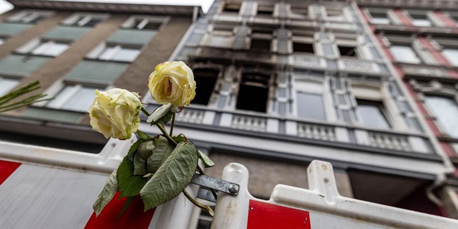 Eine weisse Rose an einer Absperrbake vor dem Brandort in Solingen am 27. März.