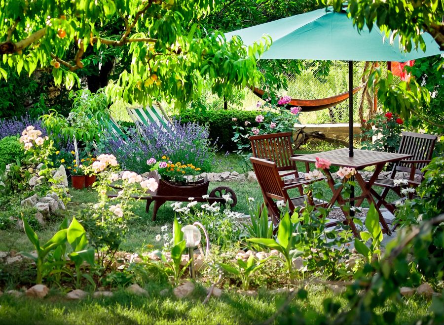 garten, bunt, sommer, gartenmöbel