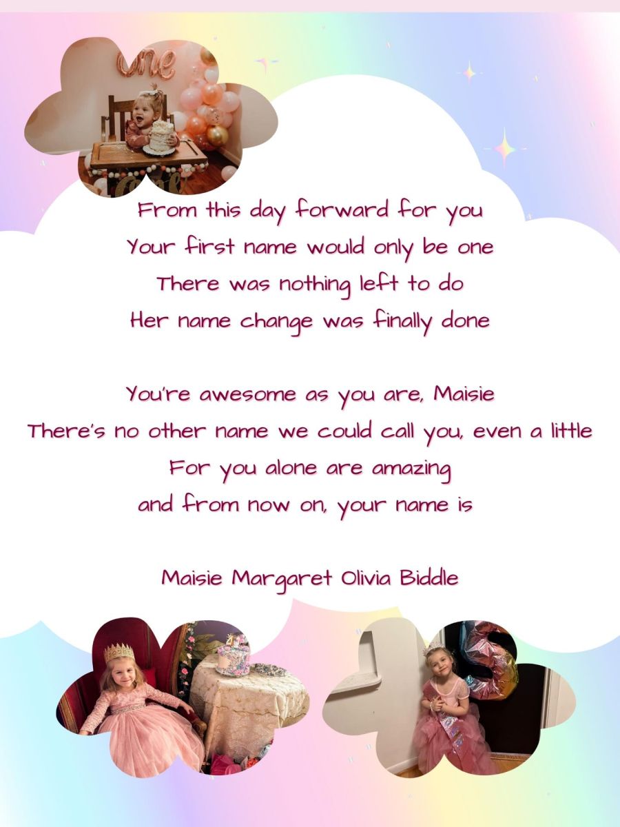 Auf der letzten Seite des Buches schreiben die Eltern, wie wunderbar ihre Tochter sei. Neu heisse das Mädchen Maisie.