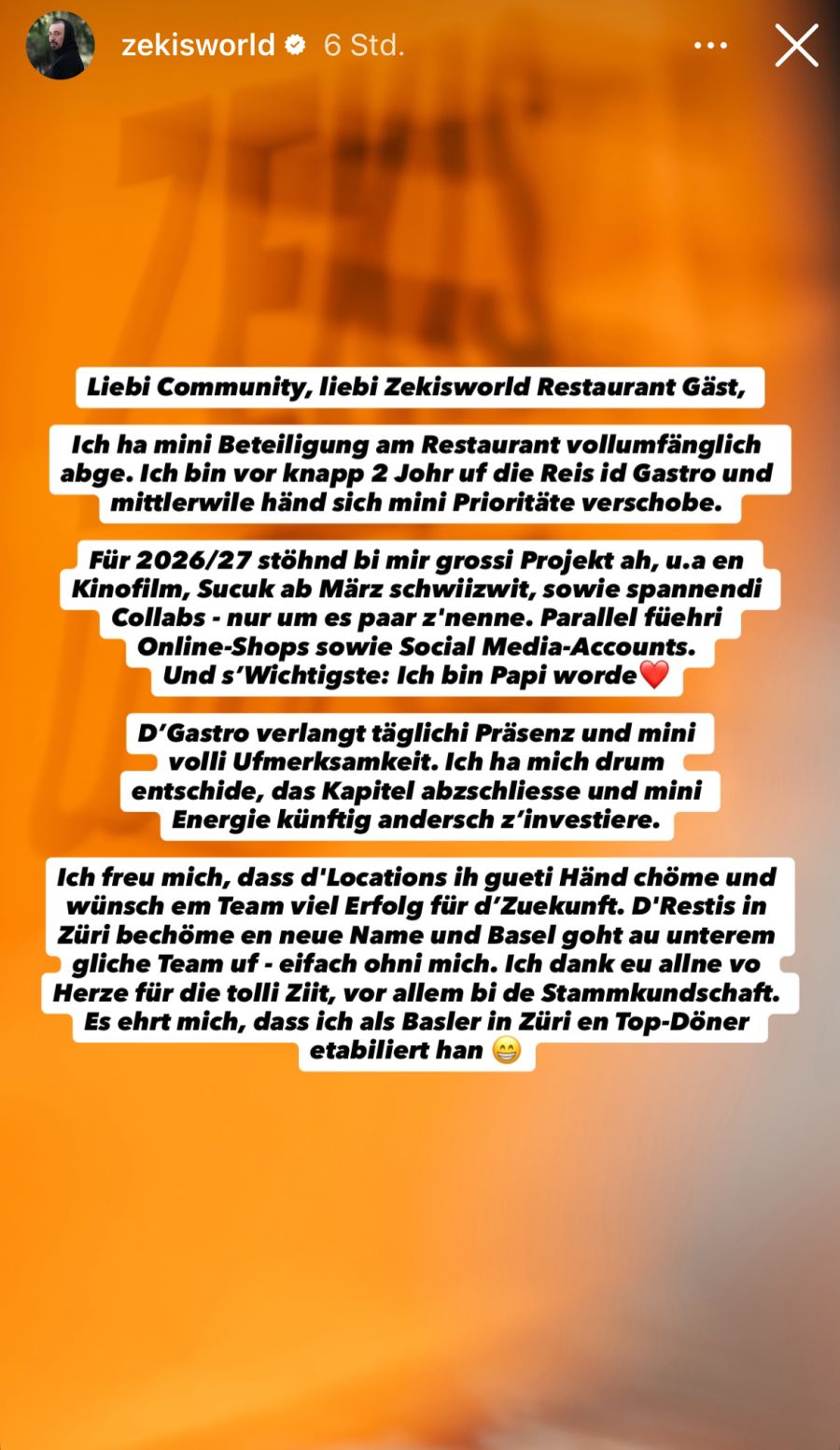 Zeki informiert seine Fans über seinen Rückzug aus der Gastronomie.