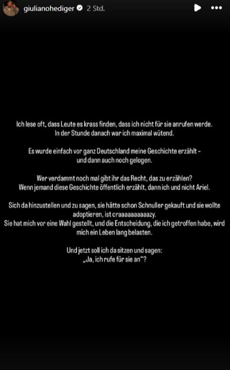 Ariels Ex Giuliano flippt auf Instagram total aus. Ariel erzählt nicht die Wahrheit, meint er.