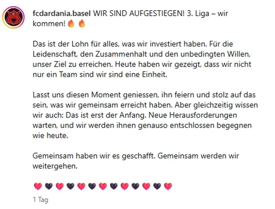 Die freudige Botschaft des Aufstiegs wird auch via Instagram verkündet.