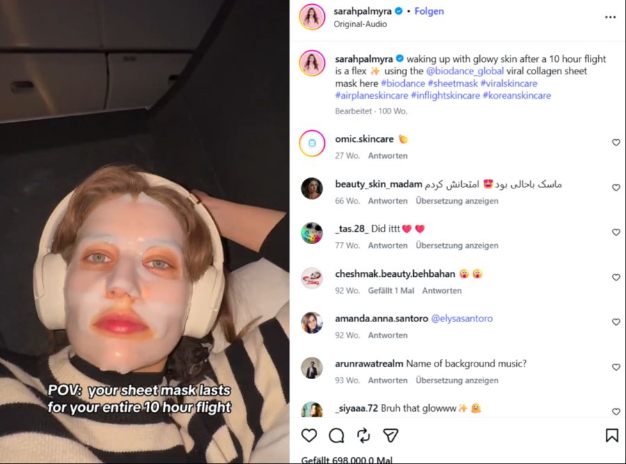 Letzter Schrei über den Wolken: Influencerin Sarah Palmyra zeigt auf einem 10-Stunden-Flug, wie Skincare im Flugzeug wirklich funktioniert.