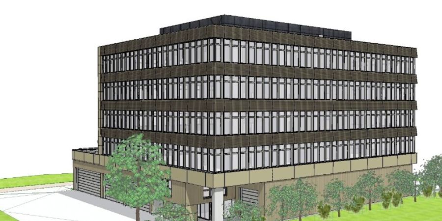 Das geplante Busdepot mit vier Etagen Büro- und Gewerbeflächen in einer Visualisierung.
