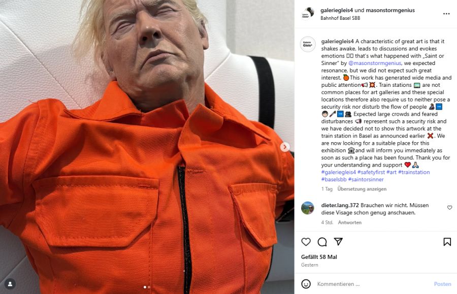 Eine Zuger Galerie wollte eine Skulptur des gekreuzigten Donald Trumps am Bahnhof Basel ausstellen.