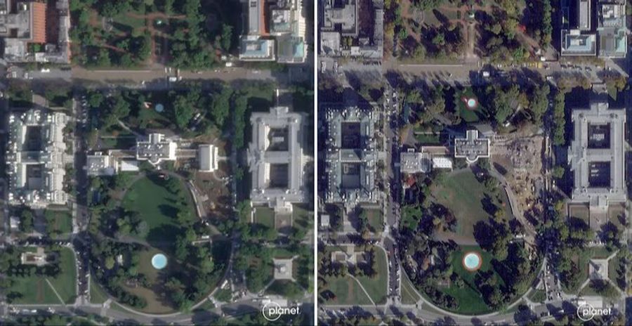 Satellitenbilder des Weissen Hauses vor und nach dem Abbruch des Ostflügels in der Mitte.