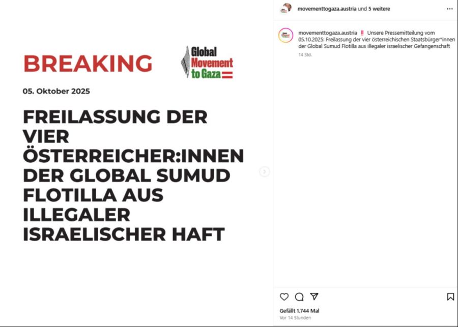 «Movement to Gaza» gibt die Freilassungen bekannt.