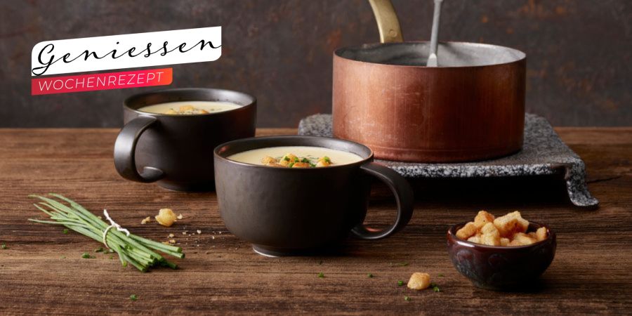 Suppe Teller Croutons Zwiebel