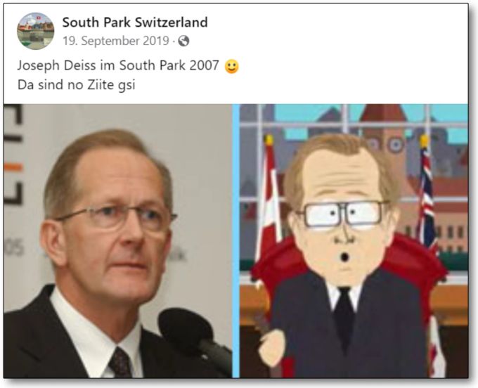 Alt Bundesrat Joseph Deiss hatte einst einen Auftritt als Friedensstifter in der Zeichentrick-Serie «South Park». Joseph Deiss South Park