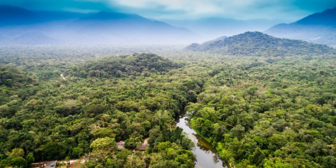 Schier unendliches Grün, für die Forschung bis heute Hüter vieler Rätsel: das Amazonasgebiet in Südamerika. Urwald Fluss tropisch Berge