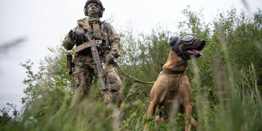 Ein Soldat des Kommando Spezialkräfte (KSK) der Bundeswehr mit einem sogenannten Zugriffsdiensthund.