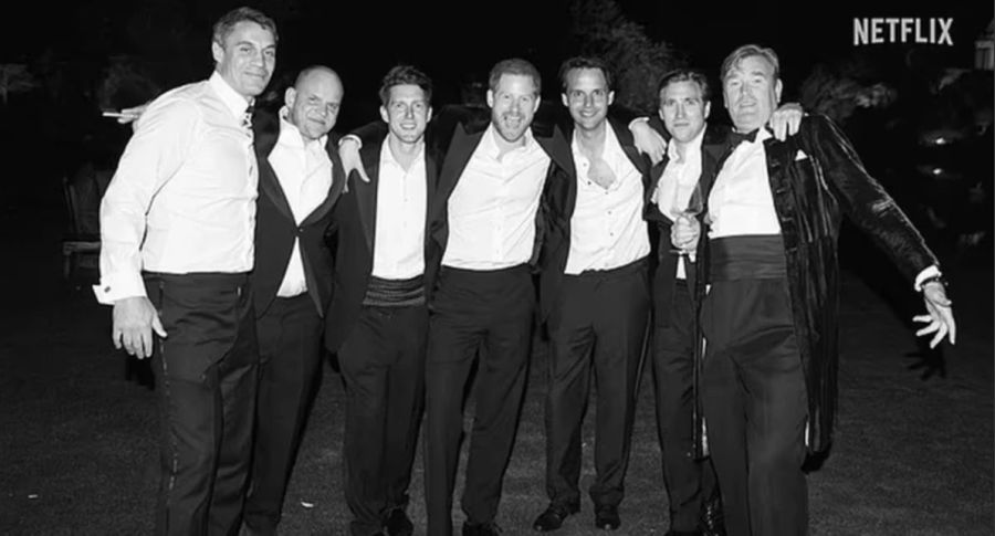 Prinz Harry (Mitte) und Jack Mann (zweiter von rechts) bei Harrys Hochzeit im Mai 2018.