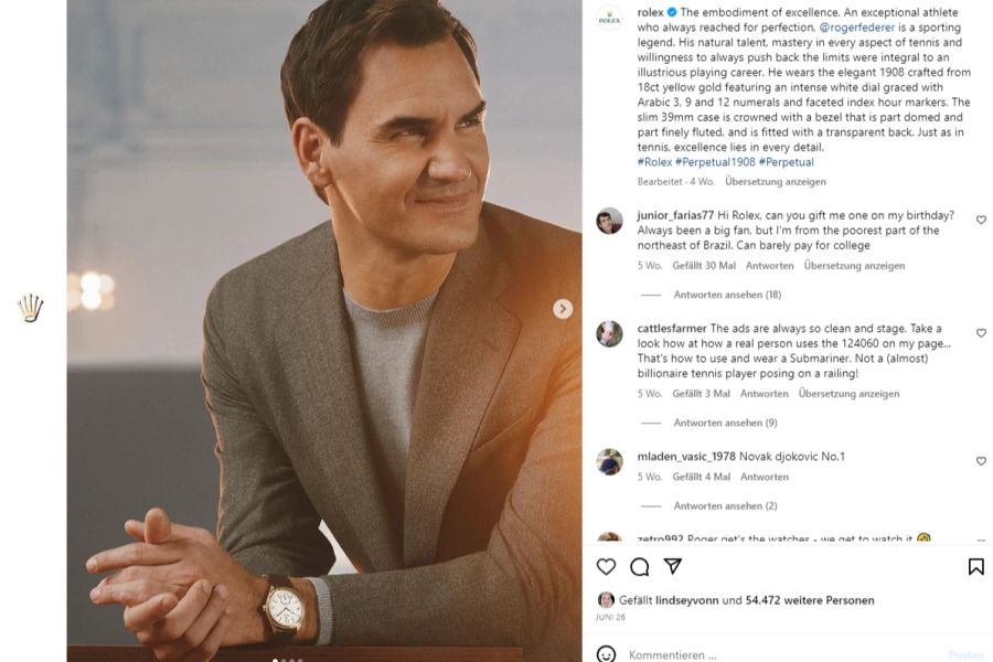 Des Weiteren dient Roger Federer als Gesicht für mehrere internationale Marken. Hier posiert er beispielsweise mit einer Rolex.