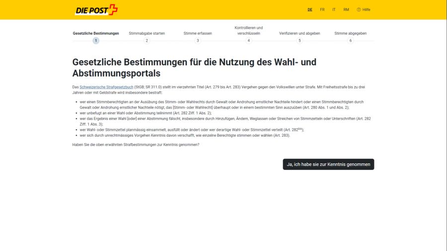 Im ersten Schritt müssen die gesetzlichen Bestimmungen akzeptiert werden, quasi die AGBs des E-Voting.