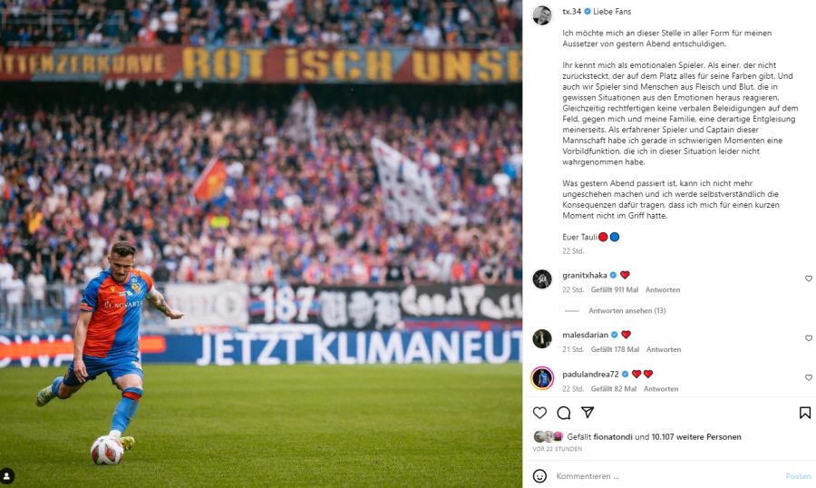 Taulant Xhaka entschuldigt sich auf Instagram für seinen Ausraster.