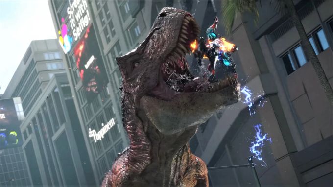 Eine Gameplay-Szene aus dem Dinosaurier-Shooter Exoprimal. Exoprimal