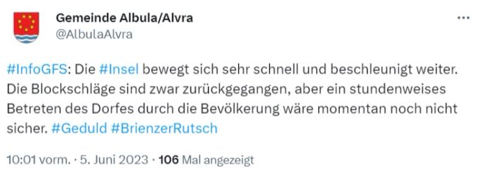 Die Felsinsel über Brienz GR bewegt sich laut der Gemeinde Albula/Alvra sehr schnell. brienz gr