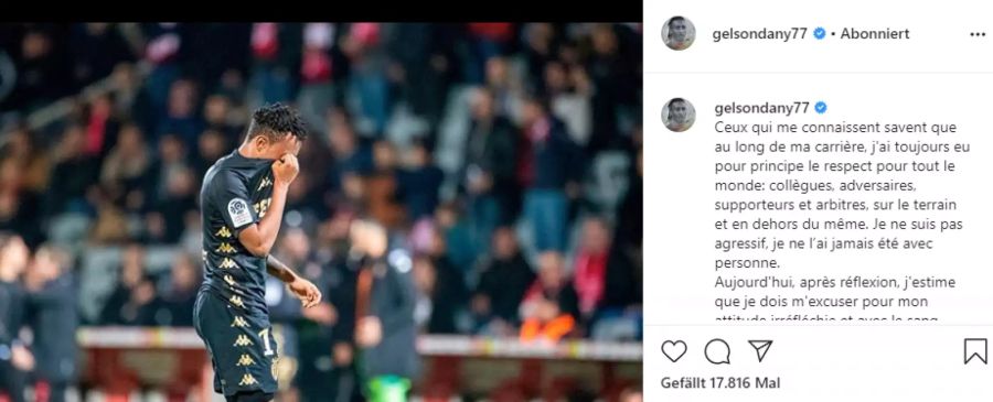 Auf Instagram entschuldigt sich Gelson Martins für seinen Schubser.